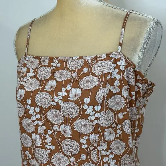 Saks Fifth Avenue Floral Ruffle Linen Blend Midi Dress Size L Brown White - Picture 6 of 12